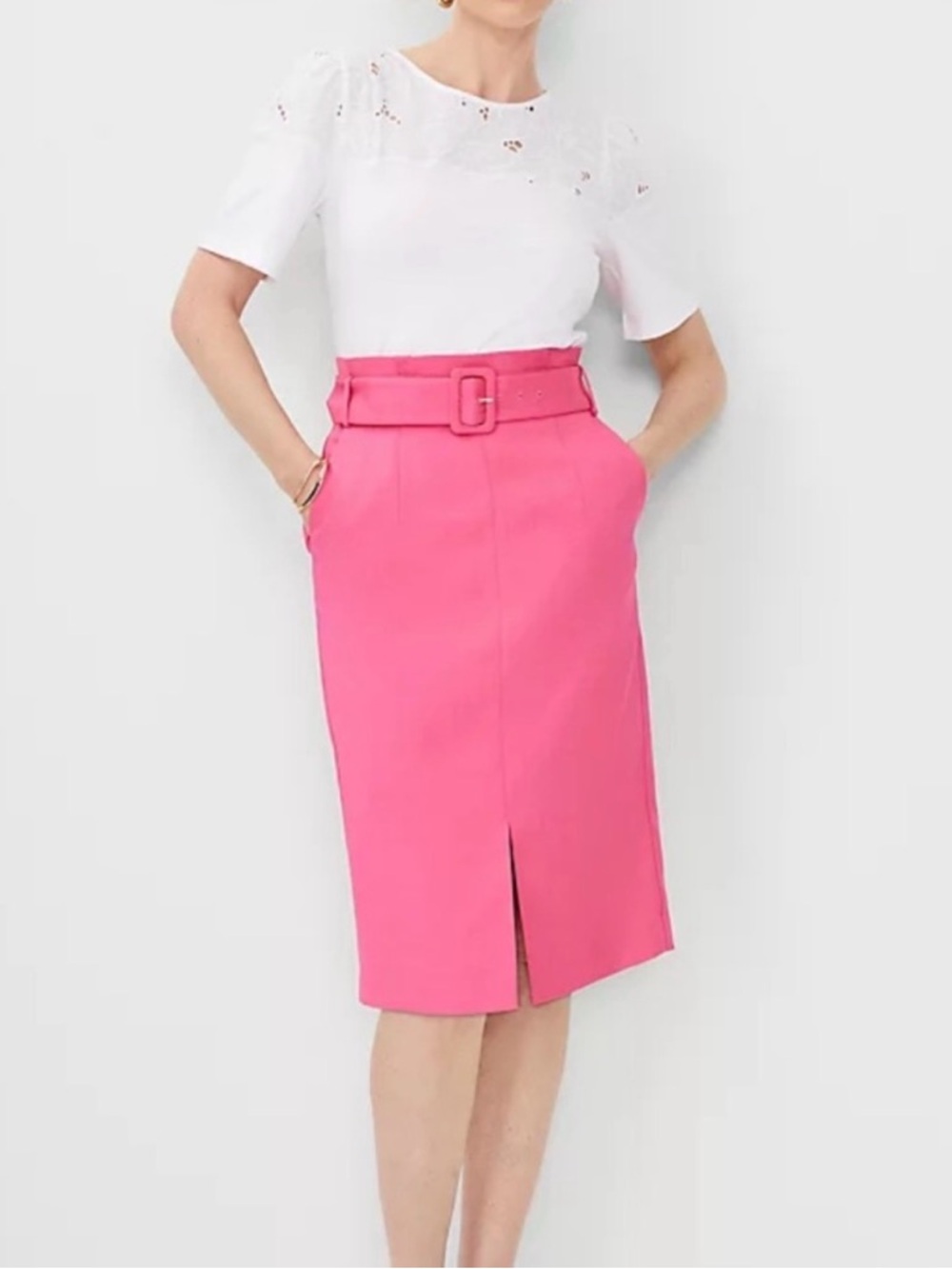 Ann Taylor Paperbag Belted Front Slit Pencil Skirt Pink Charm Size 00 Barbiecore